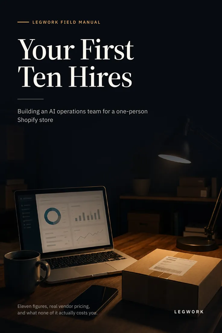 Cover of Your First Ten Hires: Building an AI operations team for a one-person Shopify store. A dark desk at night with a laptop, a shipping box and a lamp, titled as a Legwork field manual.